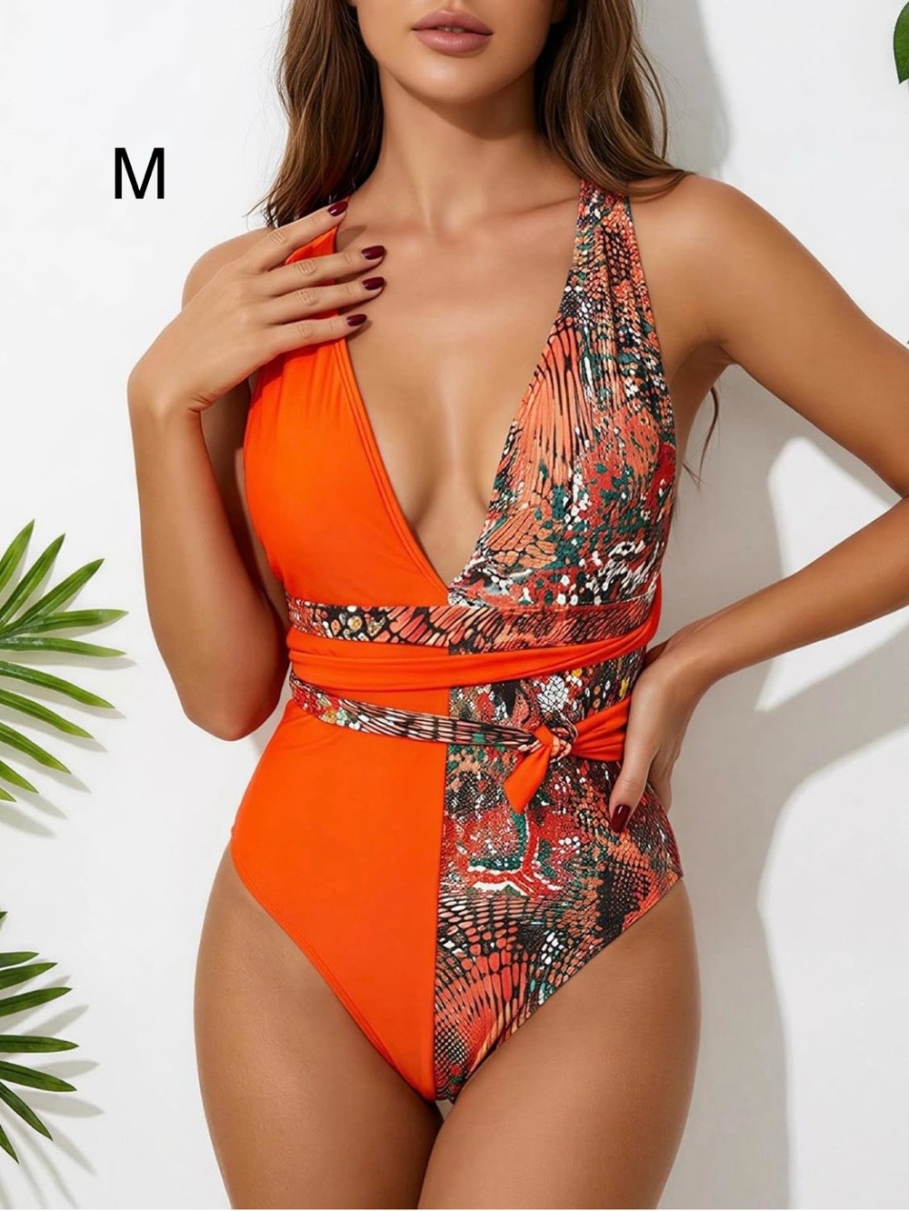 Striking Orange Printed Wrap One-Piece Swimsuit